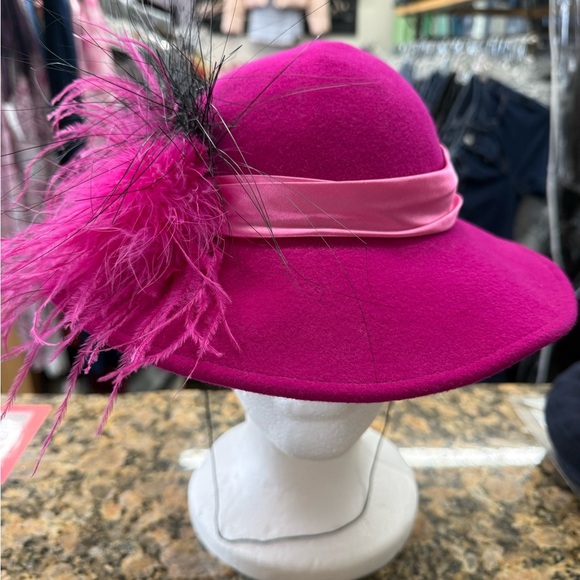 Vintage Mr Charles Pink Wool Hat Feather Wide Brim Dress Church Derby USA main image 5